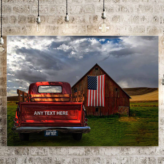 Personalized Red Barn American Flag Vintage Truck Canvas