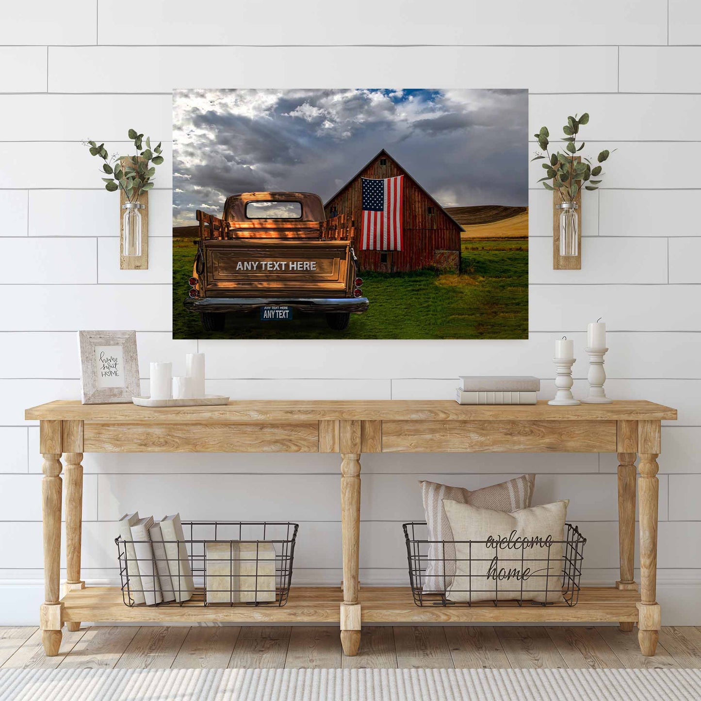 Personalized Red Barn American Flag Vintage Truck Canvas
