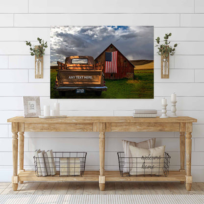Personalized Red Barn American Flag Vintage Truck Canvas