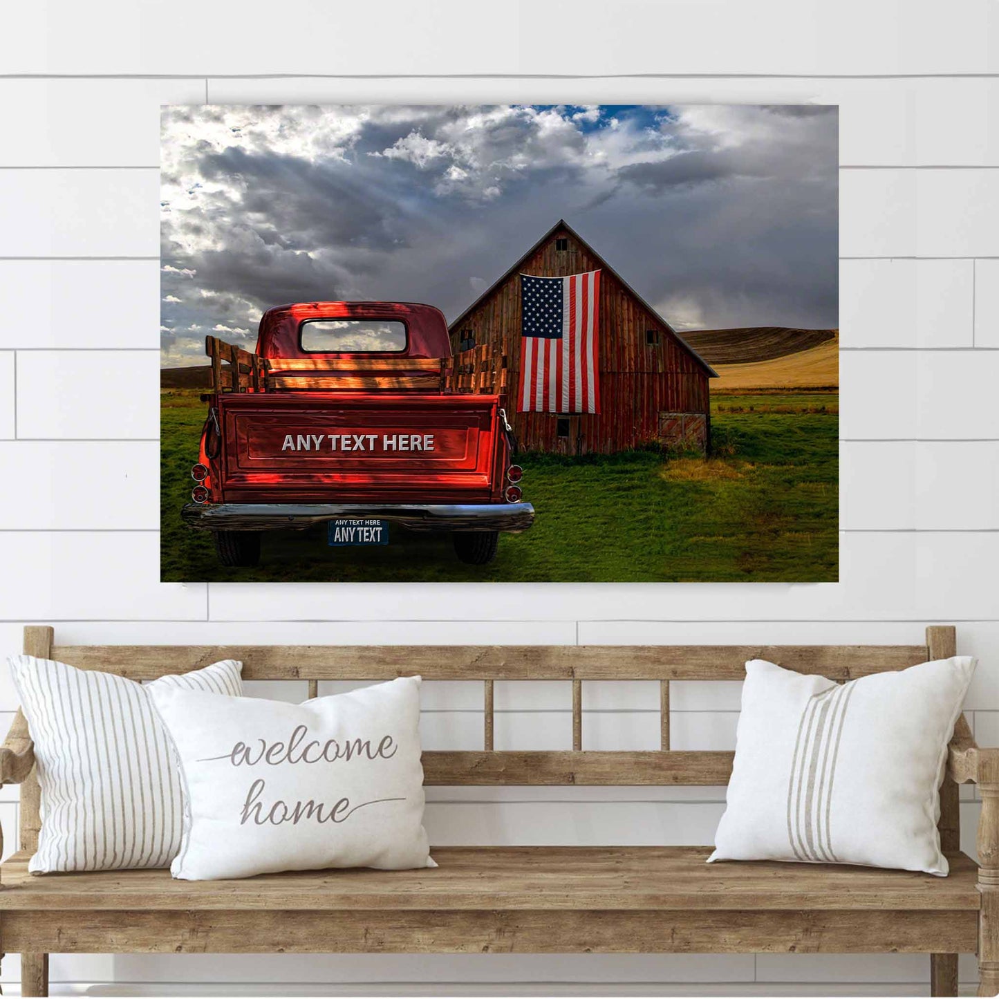 Personalized Red Barn American Flag Vintage Truck Canvas