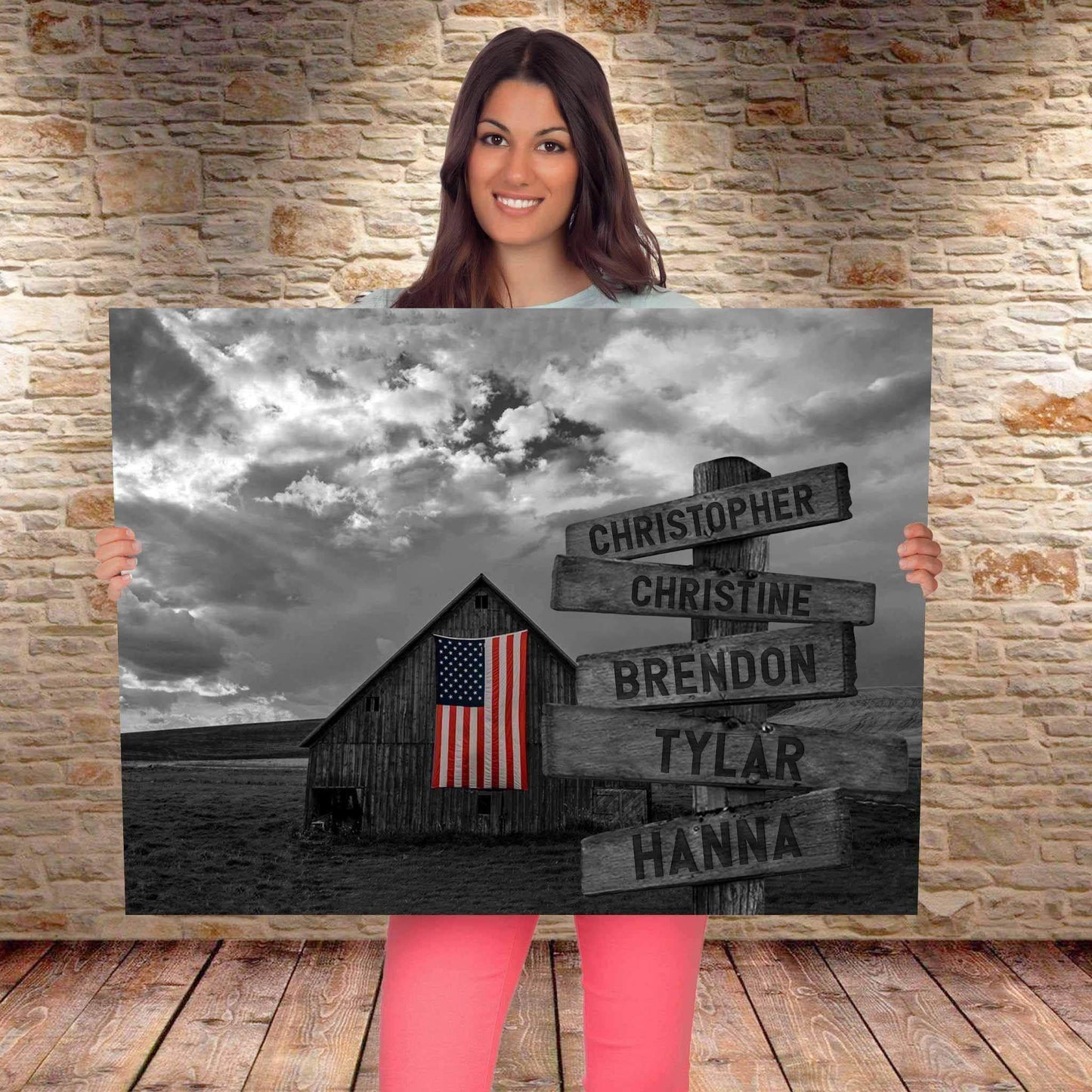 B&W Barn American Flag Directional Sign Canvas