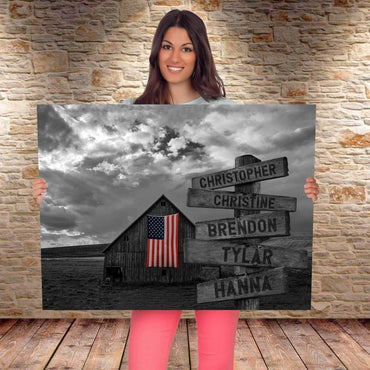 B&W Barn American Flag Directional Sign Canvas