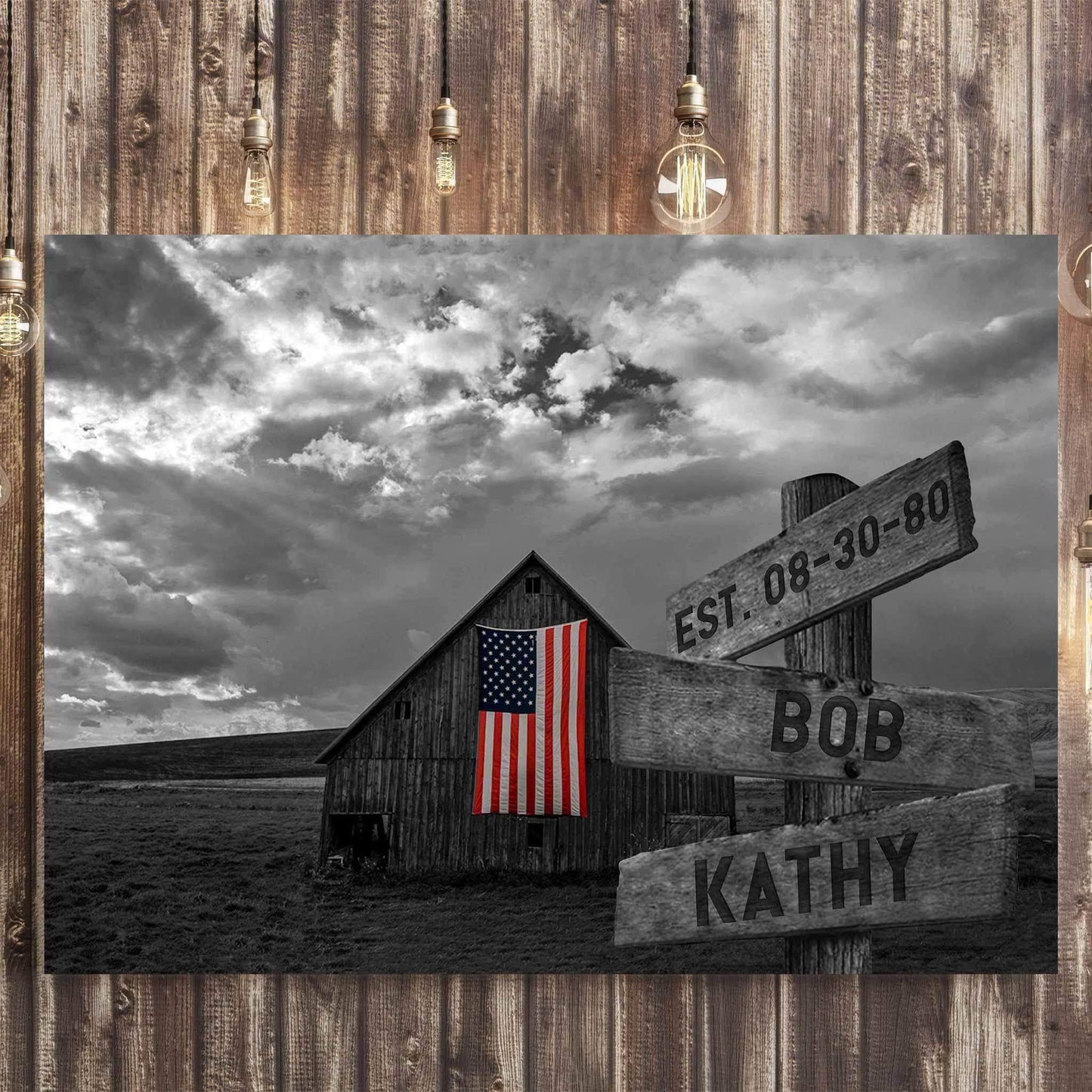 B&W Barn American Flag Directional Sign Canvas