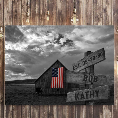B&W Barn American Flag Directional Sign Canvas